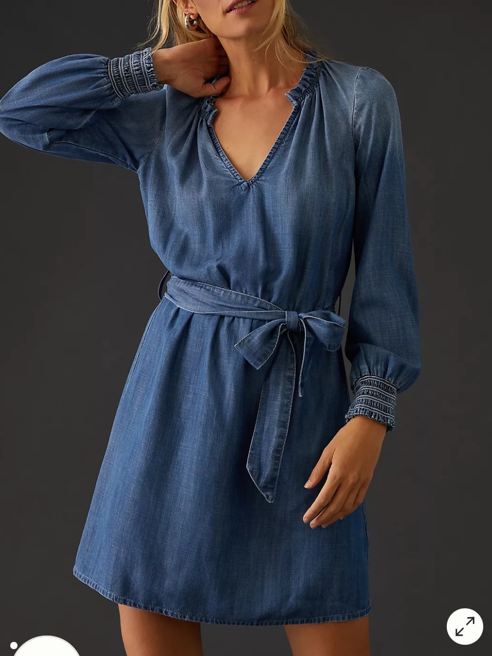 Cloth and Stone Ruffle Neck Chambray Long Sleeve Denim Mini Dress Size XS